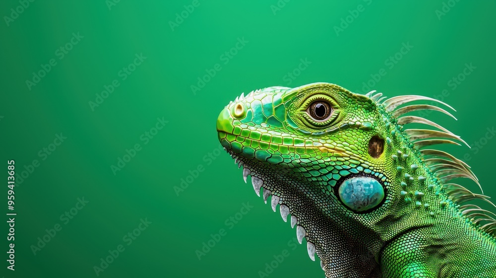 Green Iguana Lizard Close up Portrait on Green Background Green Iguana Lizard Close up Portrait on Green Background
