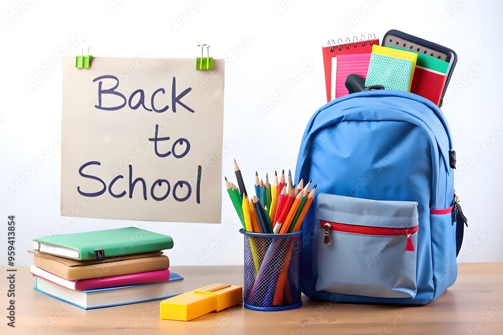 backpack with school stationery on brown wooden table near black chalkboard. Back to School backpack with school stationery on brown wooden table near black chalkboard. Back to School