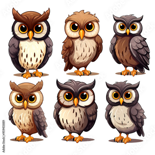 Six charming owls in various poses, perfect for children's books, educational materials, or nature-themed designs, Wildlife Animals, Birds. photo