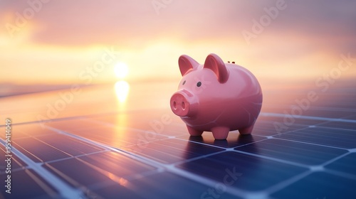 A pink piggy bank sits on blue solar panels at sunset, symbolizing savings and investment in renewable energy.