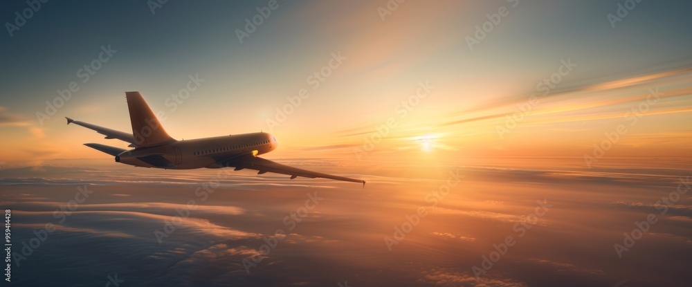 A plane is flying through the sky with a beautiful sunset in the background A plane is flying through the sky with a beautiful sunset in the background
