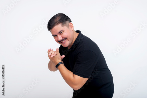 Billede på lærred A scheming mastermind with a wicked grin bending down and rubbing his hands, relishing a plan coming into fruition