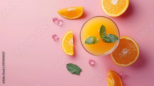 Glass of fresh orange juice with mint on pink background