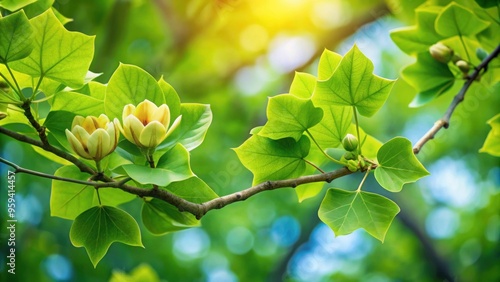 Branch of tuliptree with vibrant green leaves, tuliptree, tulipwood, fiddletree, branch, leaves, nature, forest photo