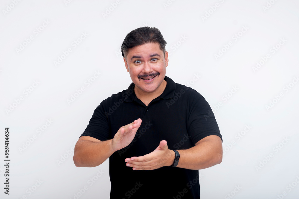 Fototapeta premium A middle-aged man clapping, acknowledging and encouraging a person's attempts or actions to please or impress him. Set against a white background.