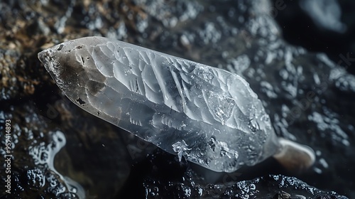 Utilize macro photography showcase the intricate details of a flint arrowhead emphasizing the craftsmanship of ancient toolmakers photo