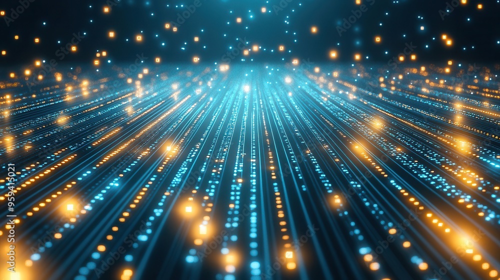 Obraz premium Abstract image of glowing blue and yellow light streaks representing digital data and futuristic technology.