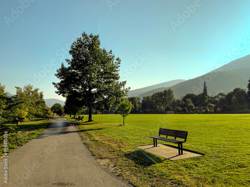 A beautiful Canadian park with a bench, pathway, and a large tree, set against a backdrop of mountains and a clear blue sky, creating a serene and picturesque scene.