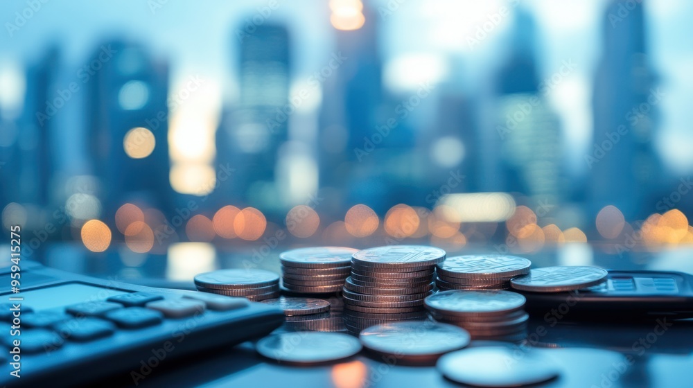 Coins and Calculator with Cityscape Background Coins and Calculator with Cityscape Background