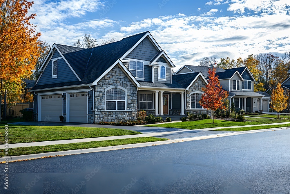 Two-story gray house with stone accents and a porch, surrounded by fall foliage Two-story gray house with stone accents and a porch, surrounded by fall foliage