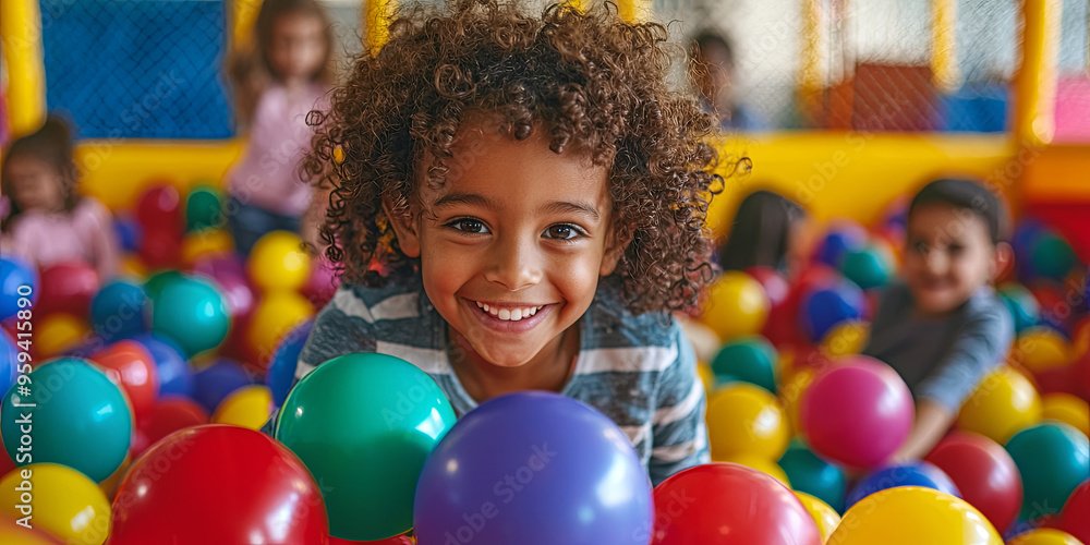 Obraz premium A group of children playing in the ball pit at a nursery school, generative AI