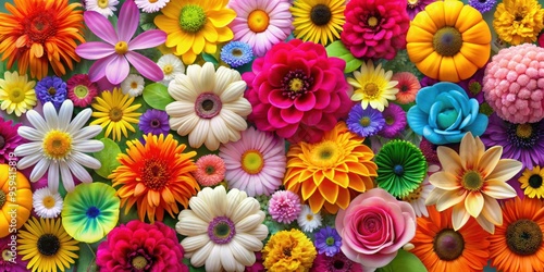 Background featuring colorful flowers of various sizes and shapes, floral, backdrop, decoration, blooming, vibrant, petals