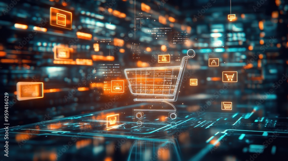 Online Shopping Concept with Digital Devices and Shopping Cart Online Shopping Concept with Digital Devices and Shopping Cart