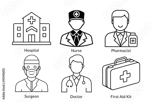 Healthcare and Medical Icon Pack: Ambulance, Doctor, Nurse, Hospital, Surgeon, Syringe, First Aid Kit & More