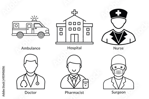 Healthcare and Medical Icon Pack: Ambulance, Doctor, Nurse, Hospital, Surgeon, Syringe, First Aid Kit & More