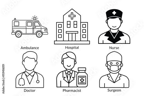 Healthcare and Medical Icon Pack: Ambulance, Doctor, Nurse, Hospital, Surgeon, Syringe, First Aid Kit & More