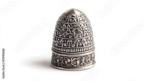 Silver Ornate Conical Thimble with Intricate Floral Design