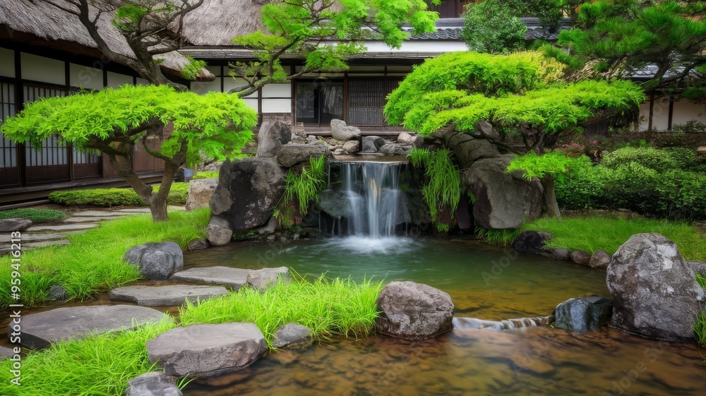 Peaceful Zen Garden Waterfall. Cascading water feature surrounded by vibrant green foliage Peaceful Zen Garden Waterfall. Cascading water feature surrounded by vibrant green foliage