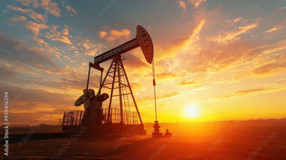 Oil Pump Jack Silhouette at Sunset with Golden Sky Oil Pump Jack Silhouette at Sunset with Golden Sky