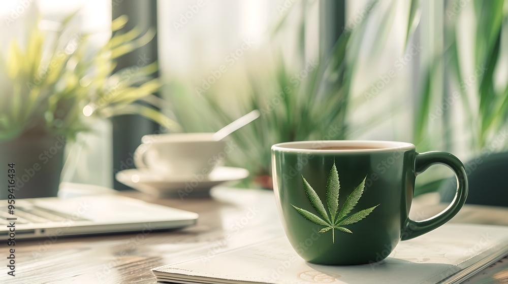 Green coffee cup with cannabis logo on office table background Green coffee cup with cannabis logo on office table background