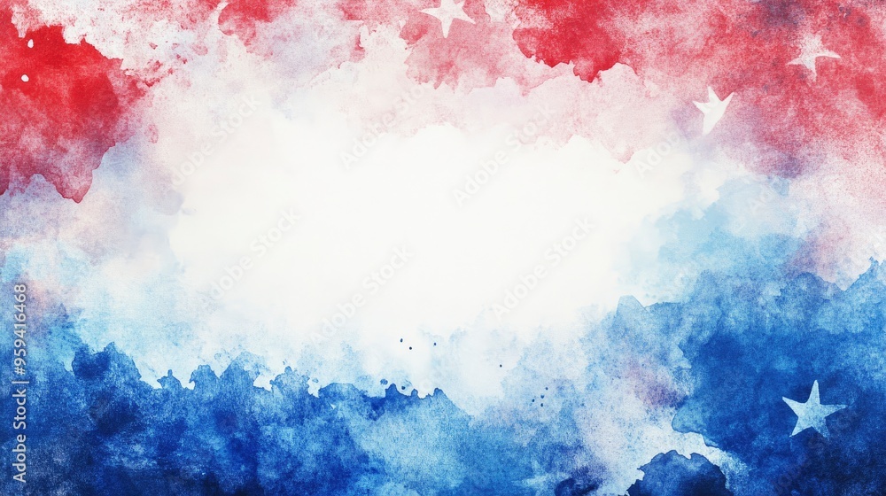 Fototapeta premium 4th of July or Memorial Day background, July 4th red white and blue colors with soft faded watercolor star border texture design and blank white center, with generative ai
