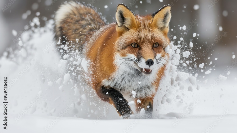 Fototapeta premium A swift fox races through the snow, capturing the thrill of winter in a vibrant, frozen landscape