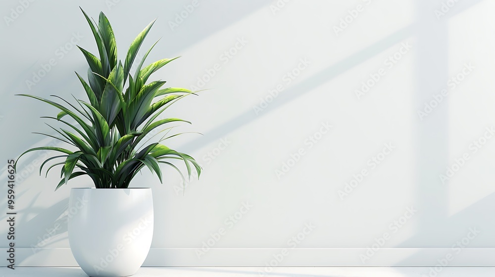Green plant in a white pot in front of a white wall with a copy space in the office Green plant in a white pot in front of a white wall with a copy space in the office