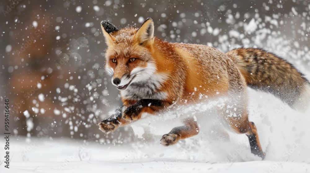 A swift fox races through the snow, capturing the thrill of winter in a vibrant, frozen landscape A swift fox races through the snow, capturing the thrill of winter in a vibrant, frozen landscape