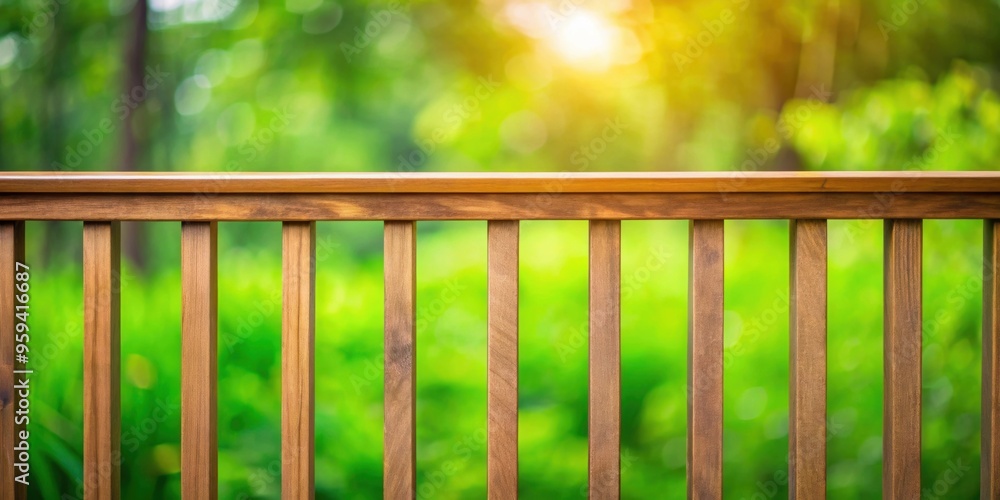 Sleek wooden balcony railing against blurred green background, balcony, wooden, railing, sleek, lines, peaceful Sleek wooden balcony railing against blurred green background, balcony, wooden, railing, sleek, lines, peaceful