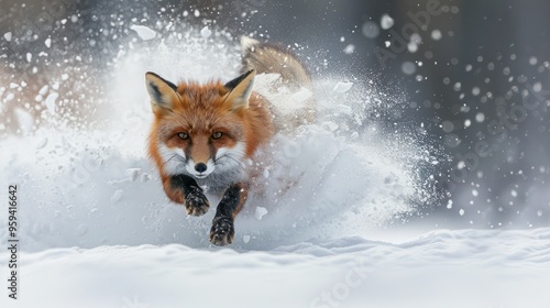 A swift fox races through the snow, capturing the thrill of winter in a vibrant, frozen landscape photo