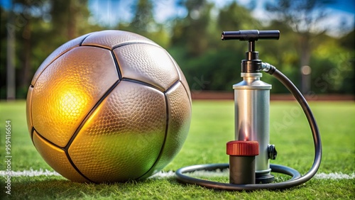 A close-up image of a shiny ball and pump for inflating it photo