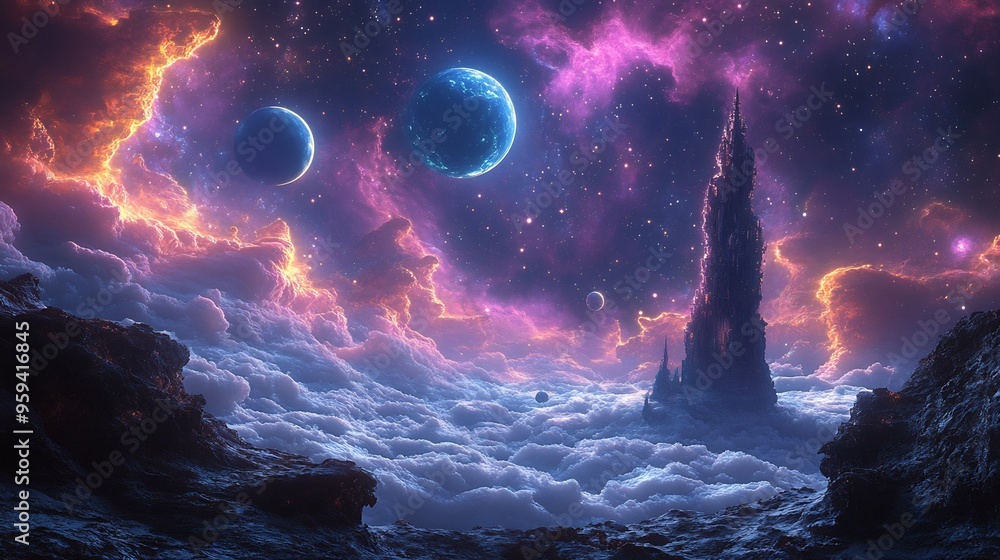 Fototapeta premium Surreal space scene planets nebulas and impossible structures