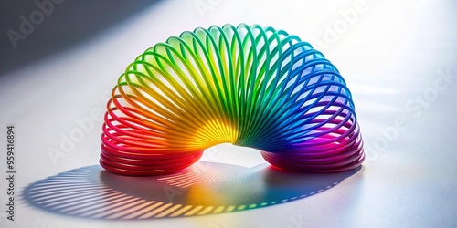 Rainbow plastic slinky toy casting duotone shadows on a white surface photo