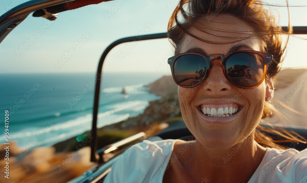 Blissful Woman Enjoying a Coastal Ride in a Convertible, Hair Blowing in the Wind Blissful Woman Enjoying a Coastal Ride in a Convertible, Hair Blowing in the Wind