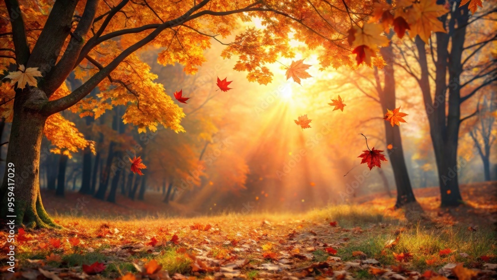 Autumn landscape wonderland forest with orange foliage, sunset, and falling maple leaves, autumn, landscape Autumn landscape wonderland forest with orange foliage, sunset, and falling maple leaves, autumn, landscape