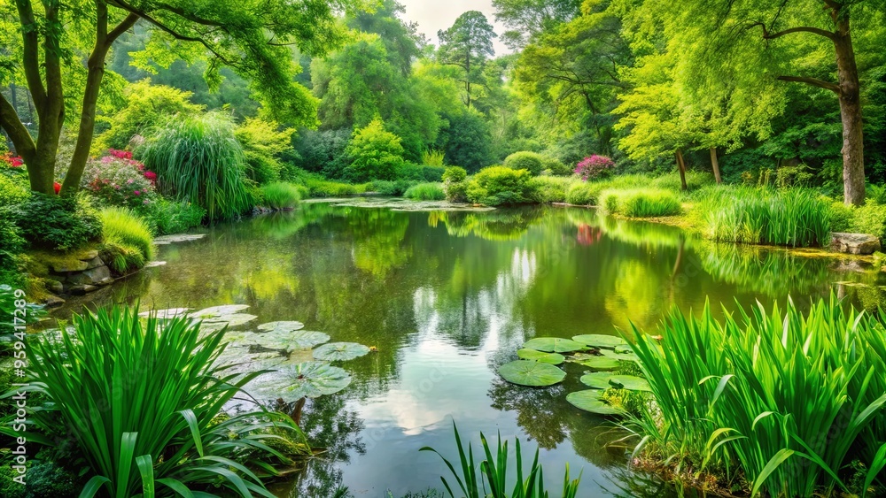 Tranquil pond with lush green vegetation in serene landscape symbolizing peace, growth, and serenity Tranquil pond with lush green vegetation in serene landscape symbolizing peace, growth, and serenity