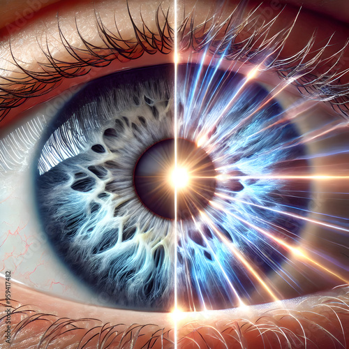 A dynamic image illustrating the response of the iris to varying light levels, showing the pupil constricting in bright light and dilating in low light. photo