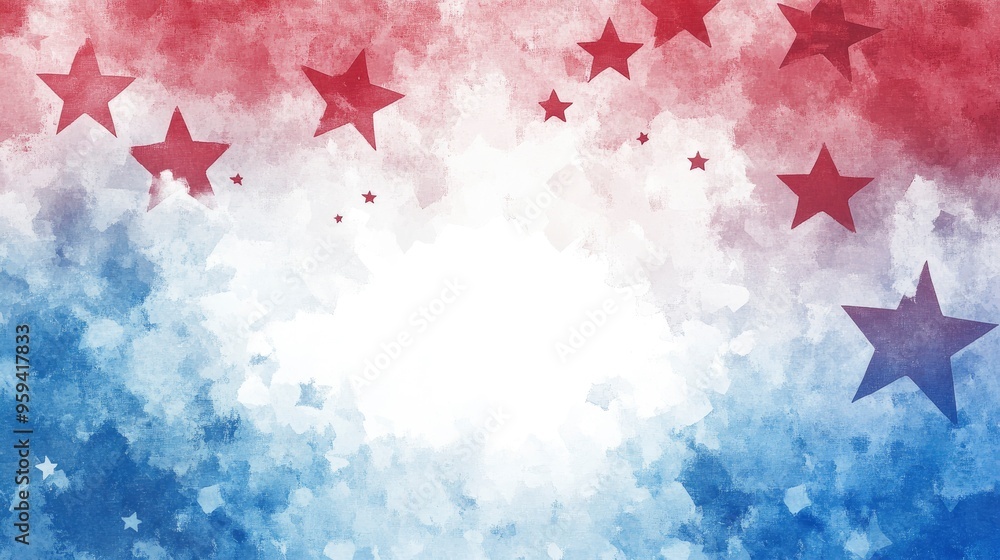 Fototapeta premium 4th of July or Memorial Day background, July 4th red white and blue colors with soft faded watercolor star border texture design and blank white center, with generative ai