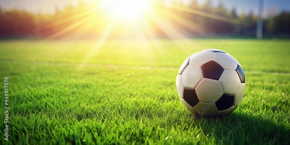 Fototapeta premium Soccer ball resting on vibrant green grass field, soccer, ball, grass, sport, recreation, outdoor, playing, field, green