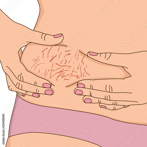 Red stretch marks on woman's abdominal surface waist, illustration on white background photo