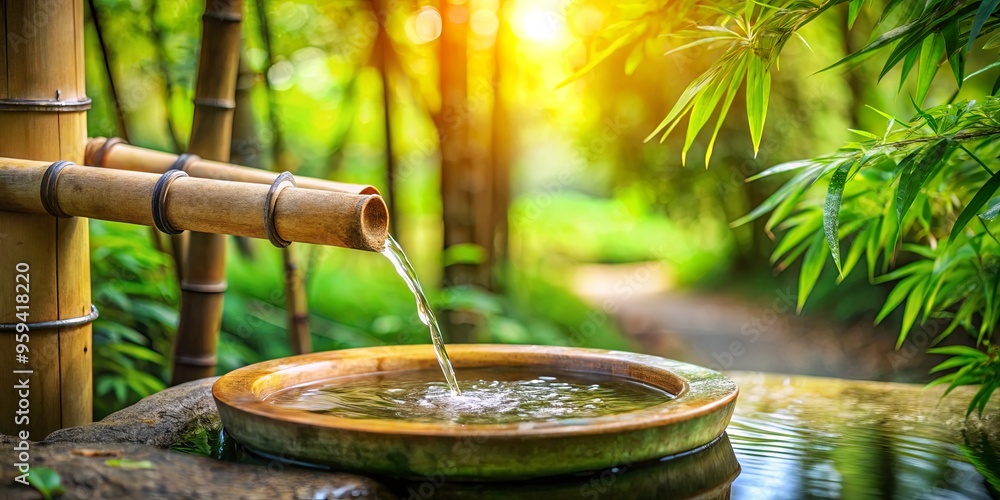 Photo of a serene natural bamboo fountain in a tranquil garden setting Photo of a serene natural bamboo fountain in a tranquil garden setting