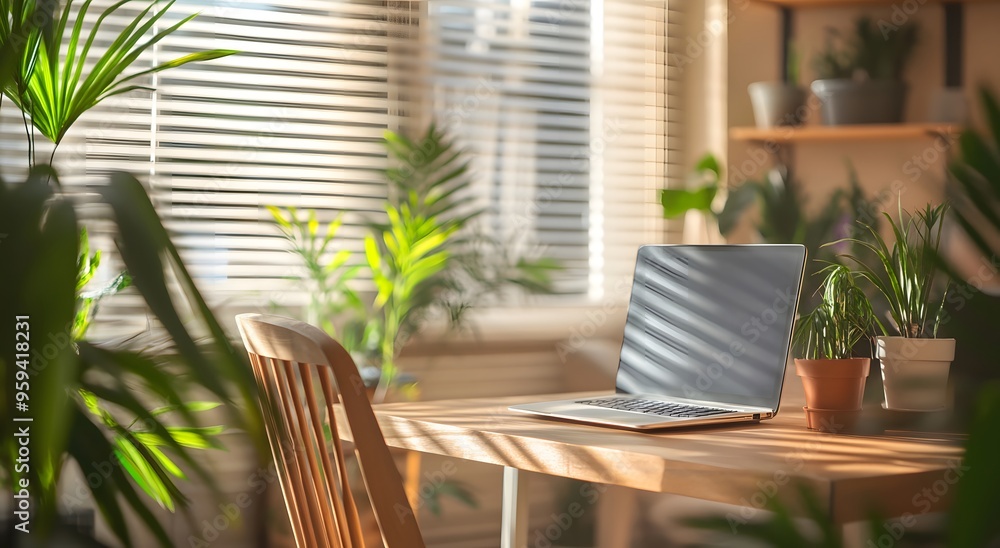 Fototapeta premium Soft focus on a home office setup with stylish furnishings and indoor plants. Resplendent