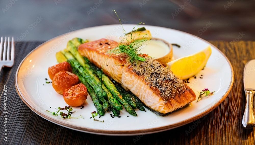 A beautifully plated grilled fish fillet, perfectly seared with a crispy exterior and tender A beautifully plated grilled fish fillet, perfectly seared with a crispy exterior and tender