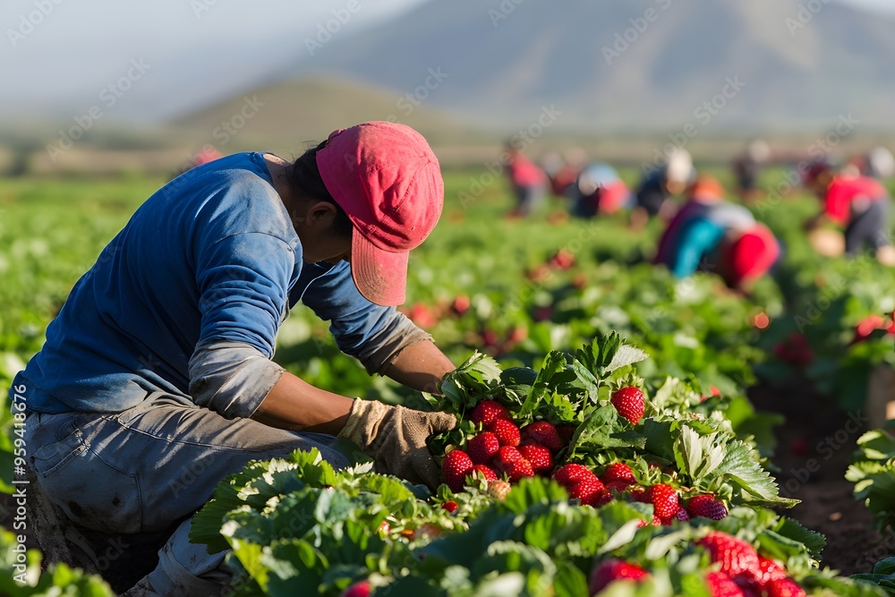 A Farmworker Picking Strawberries in a Field A Farmworker Picking Strawberries in a Field