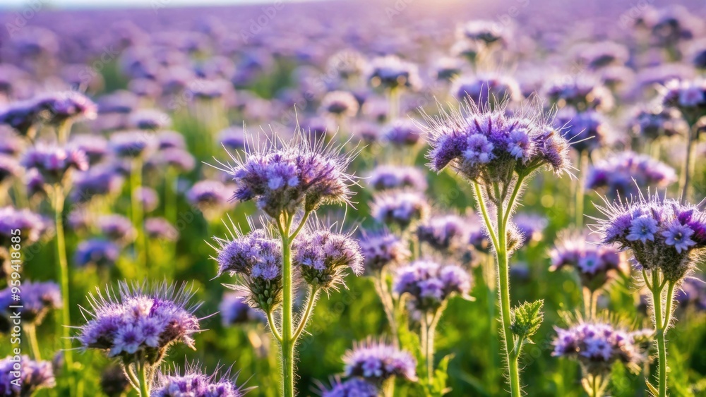 Obraz premium Flowering purple tansy-leaf phacelia plants in a vibrant summer meadow, phacelia, purple, tansy-leaf, flowering