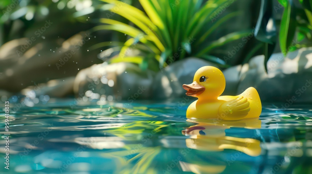 Yellow rubber duck floating in a calm pond with lush green plants in the background. Yellow rubber duck floating in a calm pond with lush green plants in the background.