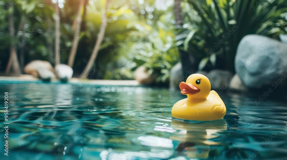 Yellow rubber duck floating in a pool with a blurred tropical background.