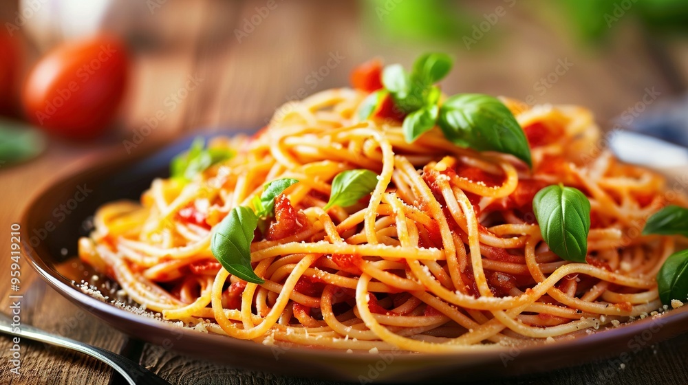 Tomato Sauce and Fresh Basil on Spaghetti: A Delicious Italian Meal Tomato Sauce and Fresh Basil on Spaghetti: A Delicious Italian Meal