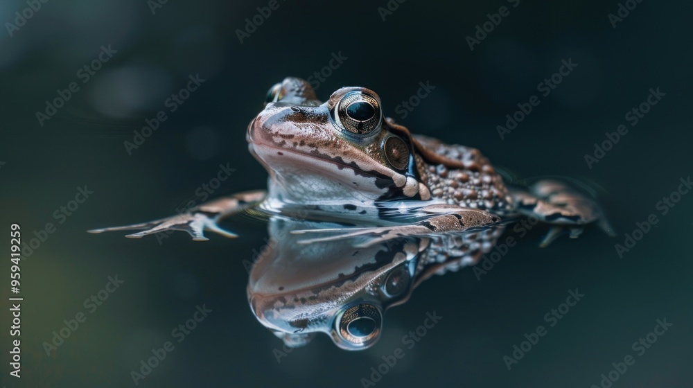 Macro Photography of a Frog Resting in Water with Reflective Surface and Dark Background Macro Photography of a Frog Resting in Water with Reflective Surface and Dark Background