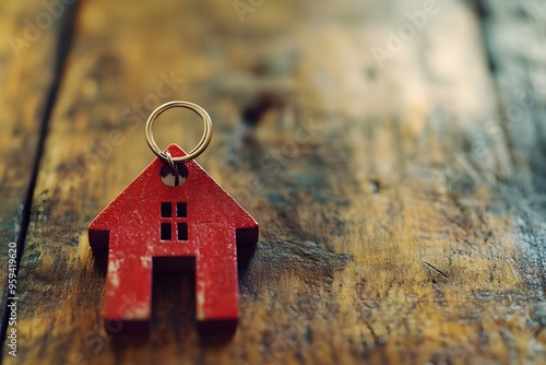 Red House-Shaped Keyring on Wooden Surface photo